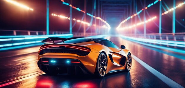Carro esportivo futurista na rodovia Neon Aceleração poderosa de um supercarro em uma pista noturna com col