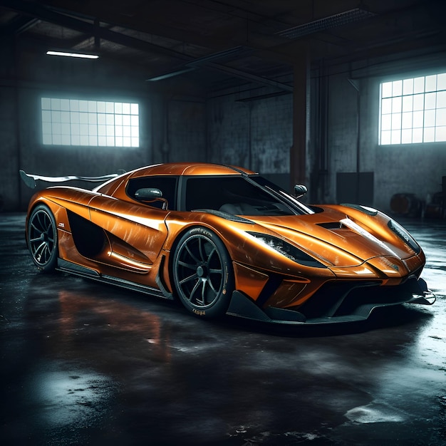 Carro esportivo laranja futurista na garagem renderização 3D