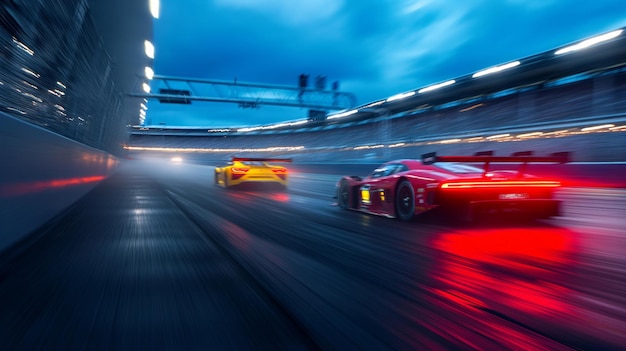 Carro esportivo movimento desfocado de corrida entre dois carros na hora azul chuva com luzes na estrada Carro deportivo em asfalto molhado alta velocidade