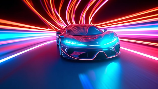 Carro Esportivo na Neon Highway Aceleração poderosa de um supercarro com luzes coloridas e trilhas