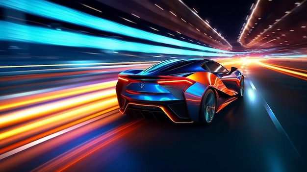 Carro Esportivo na Neon Highway Aceleração poderosa de um supercarro com luzes coloridas e trilhas