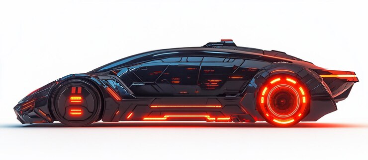 Foto carro esportivo preto futurista com luzes de néon vermelhas vista lateral