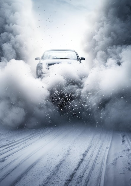 Carro esportivo rápido à deriva em uma estrada molhada de neve com incêndio de acidente de carro derrapado Generative Ai