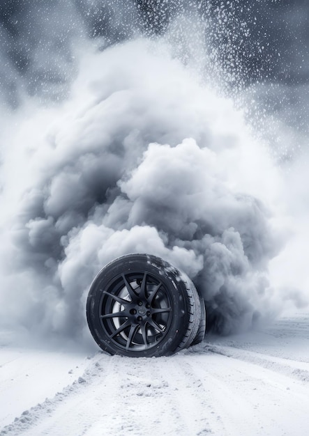 Carro esportivo rápido à deriva em uma estrada molhada de neve com incêndio de acidente de carro derrapado Generative Ai