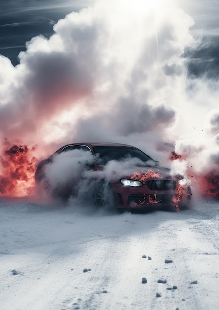 Carro esportivo rápido à deriva em uma estrada molhada de neve com incêndio de acidente de carro derrapado Generative Ai