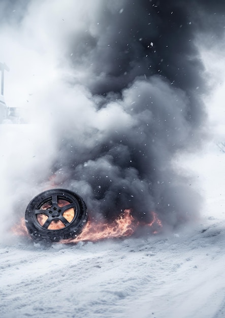 Carro esportivo rápido à deriva em uma estrada molhada de neve com incêndio de acidente de carro derrapado Generative Ai