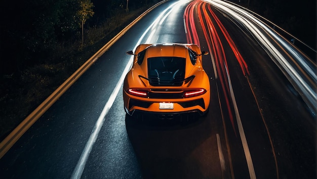 Carro esportivo rápido na estrada à noite capturando a foto da vista superior com exposição longa