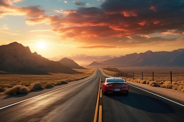 Carro esportivo rápido na estrada com montanhas em forma de conceito de viagens ao exterior em segundo plano