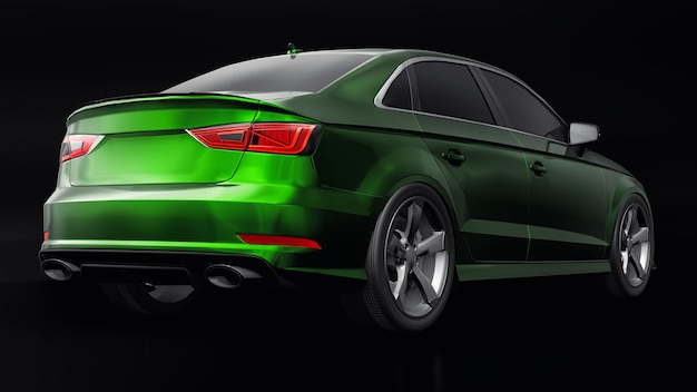 Carro esportivo super rápido cor verde metálico em um fundo preto Sedan de forma de corpo Tuning é uma versão de um carro familiar comum renderização em 3d