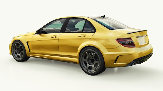 Carro esportivo super rápido de cor ouro metálico em um fundo branco. sedan em forma de corpo. o tuning é uma versão de um carro familiar comum. renderização 3d.