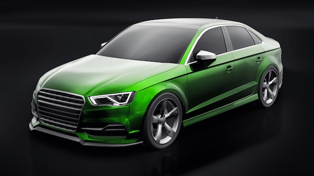 Carro esportivo super rápido de cor verde metálico em um fundo preto. Sedan em forma de corpo. O Tuning é uma versão de um carro familiar comum. Renderização 3D.