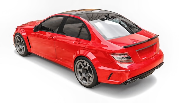 Carro esportivo super rápido de cor vermelha metálica em um fundo branco. sedan em forma de corpo. o tuning é uma versão de um carro familiar comum. renderização 3d.