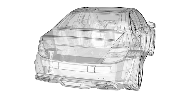 Carro esportivo super rápido transparente delineado linhas em um fundo branco. Sedan em forma de corpo. O Tuning é uma versão de um carro familiar comum. Renderização 3D.