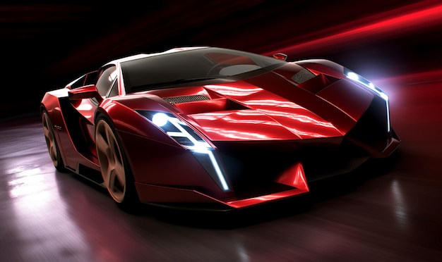 Carro esportivo vermelho de desempenho elegante com fundo de efeito de luz fantástico