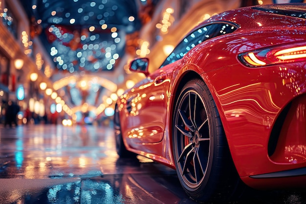 carro esportivo vermelho de luxo na cidade à noite close de luz traseira