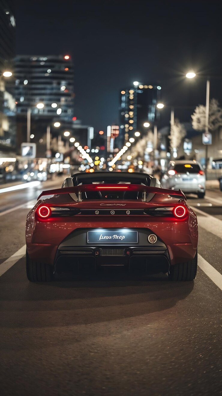 Foto carro esportivo vermelho em uma cidade nova à noite com iluminação de rua carro de luxo de visão traseira