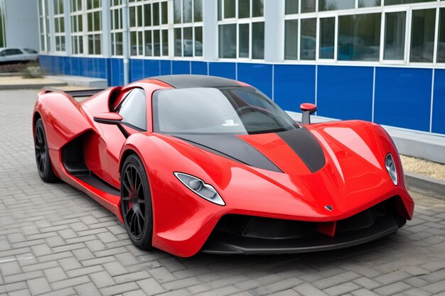 Foto carro esportivo vermelho estacionado em uma estrada de tijolos na frente de um edifício ai gerador