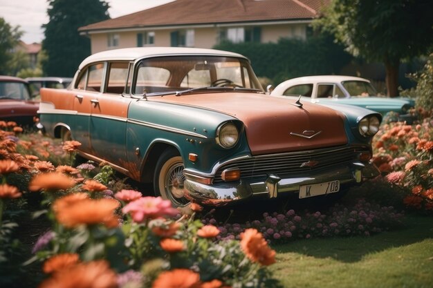 carro estacionado na frente das casas clássicas jardim um monte de flores