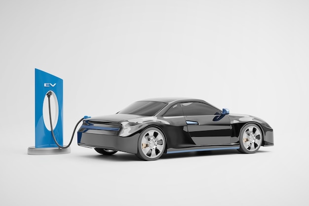 Carro EV de veículo elétrico com renderização 3D de carregamento de estação de energia
