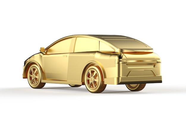 Carro ev dourado ou veículo elétrico de ouro metálico sobre fundo branco