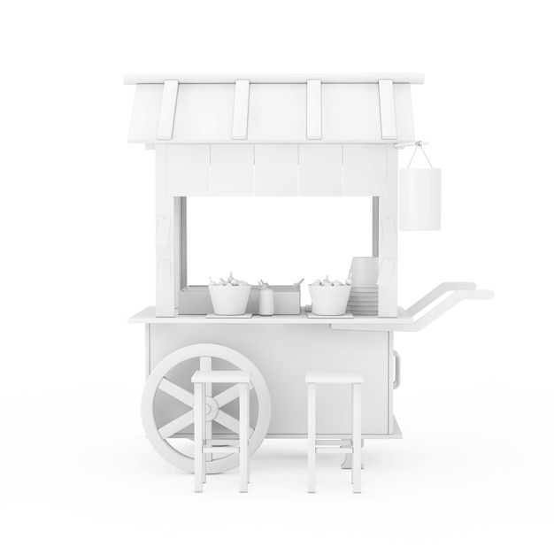 Carro de fideos de albóndigas de comida callejera de madera asiática con sillas en estilo arcilla sobre un fondo blanco. Representación 3D