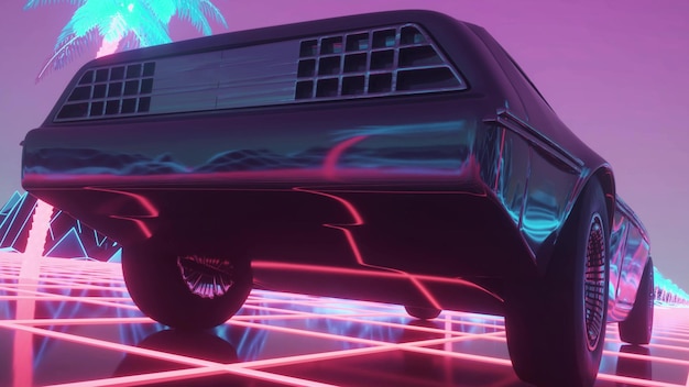 Carro futurista através da renderização 3d da cidade de néon