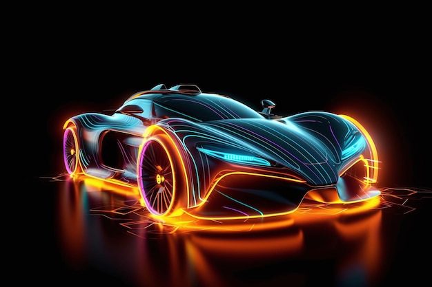 Carro futurista com contornos de luz de fundo neon