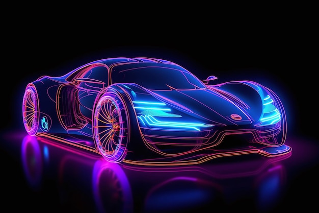 Carro futurista com contornos de luz de fundo neon