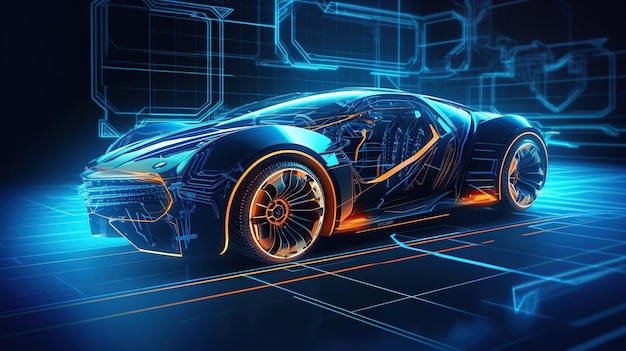 Carro futurista com wireframe