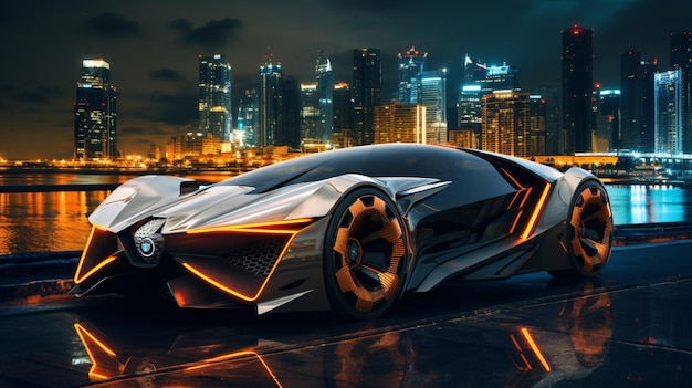 Carro futurista é mostrado na frente da paisagem urbana à noite