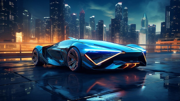 Carro futurista é mostrado na frente da paisagem urbana à noite