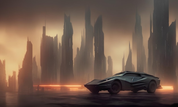 Carro futurista no fundo da cidade do futuro