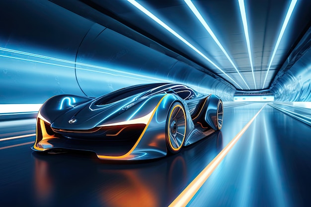 Carro futurista no túnel imagem de renderização 3D Um carro esportivo um veículo autônomo futurista em uma trilha AI Gerado