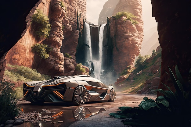 Carro futurista passando pelo desfiladeiro com cachoeiras e vegetação ao fundo