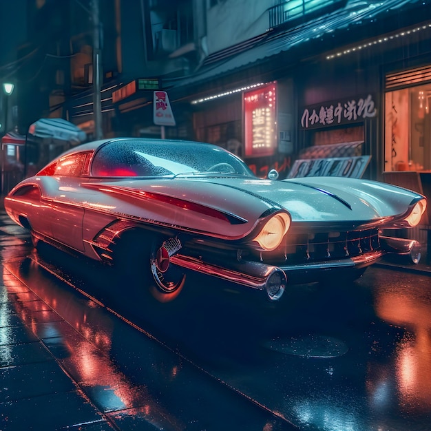 Carro futurista retrô no estilo dos anos 50 na rua na chuva
