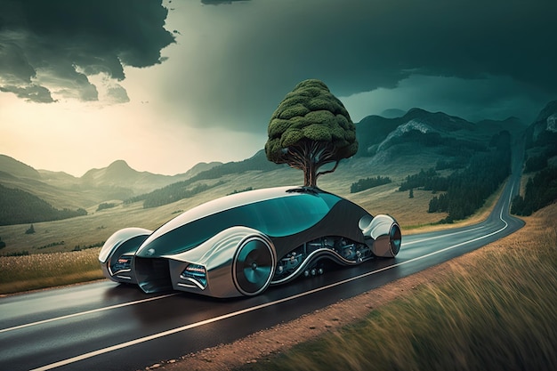 Carro futurista viajando em uma estrada de montanha ventosa com vista para colinas e árvores altas