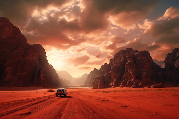 Foto carro generativo ai off road dirigindo em uma estrada deserta de montanha sinuosa
