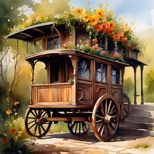 Carro gitanos con una terraza y una escalera de madera flores