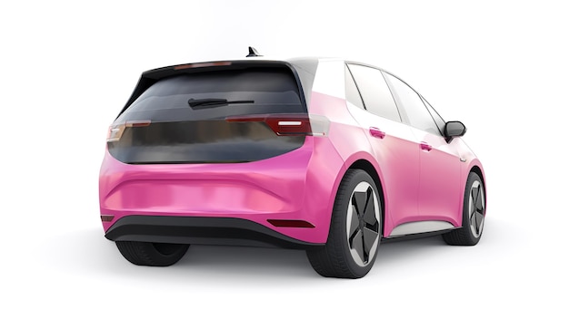Carro hatchback de cidade elétrica rosa escuro de nova geração com ilustração 3d de alcance estendido