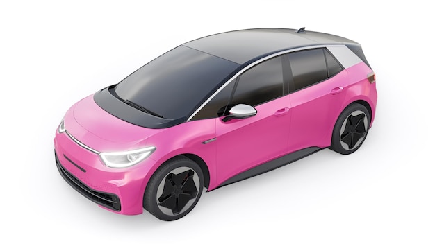 Carro hatchback de cidade elétrica rosa escuro de nova geração com ilustração 3d de alcance estendido