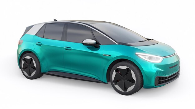 Carro hatchback de cidade elétrica verde de nova geração com ilustração 3d de alcance estendido