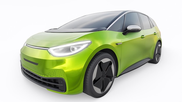 Carro hatchback de cidade elétrica verde de nova geração com ilustração 3d de alcance estendido