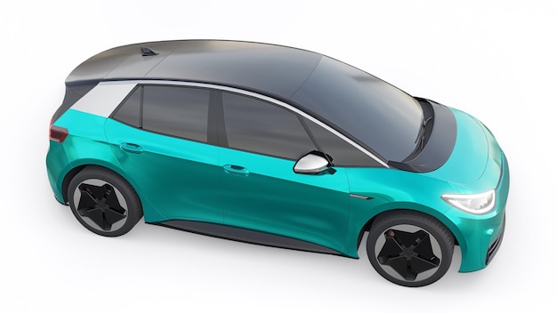 Carro hatchback de cidade elétrica verde de nova geração com ilustração 3d de alcance estendido