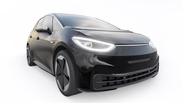 Carro hatchback de cidade elétrico preto de nova geração com ilustração 3d de alcance estendido