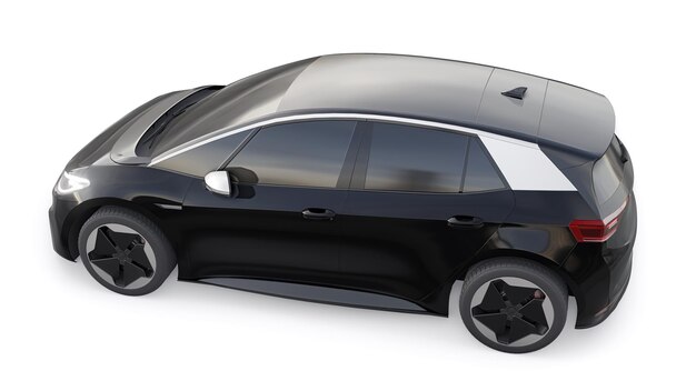 Carro hatchback de cidade elétrico preto de nova geração com ilustração 3d de alcance estendido