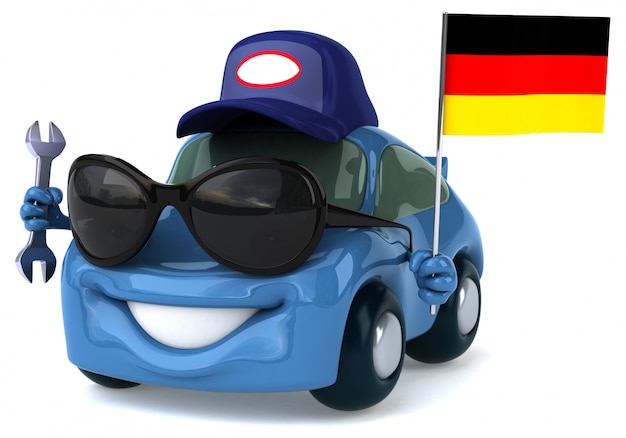 Carro ilustrado divertido segurando a bandeira da Alemanha