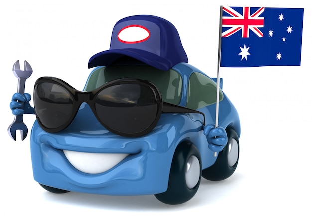 Carro ilustrado divertido segurando a bandeira da austrália