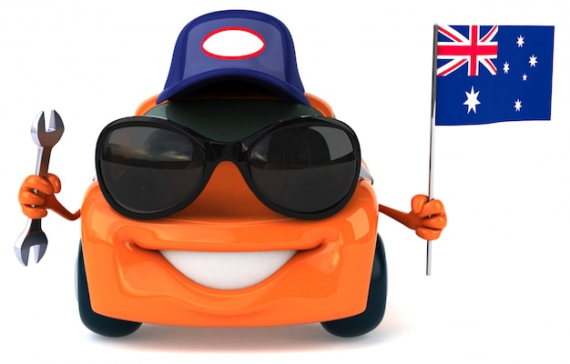 Carro ilustrado divertido segurando a bandeira da austrália