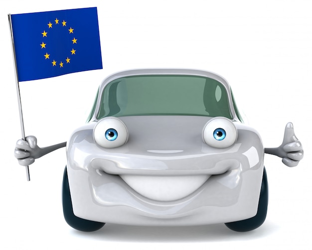 Carro ilustrado divertido segurando a bandeira da União Europeia