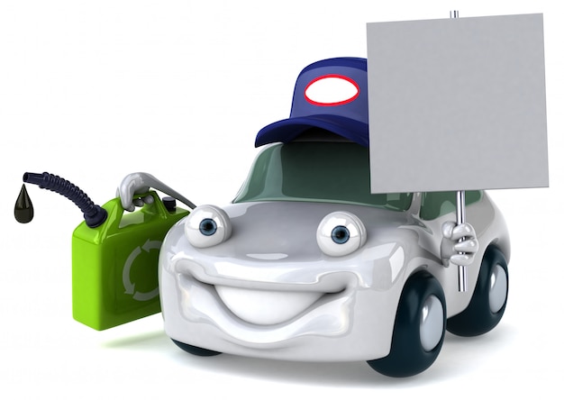 Foto carro ilustrado engraçado segurando o tanque de gasolina e um cartaz